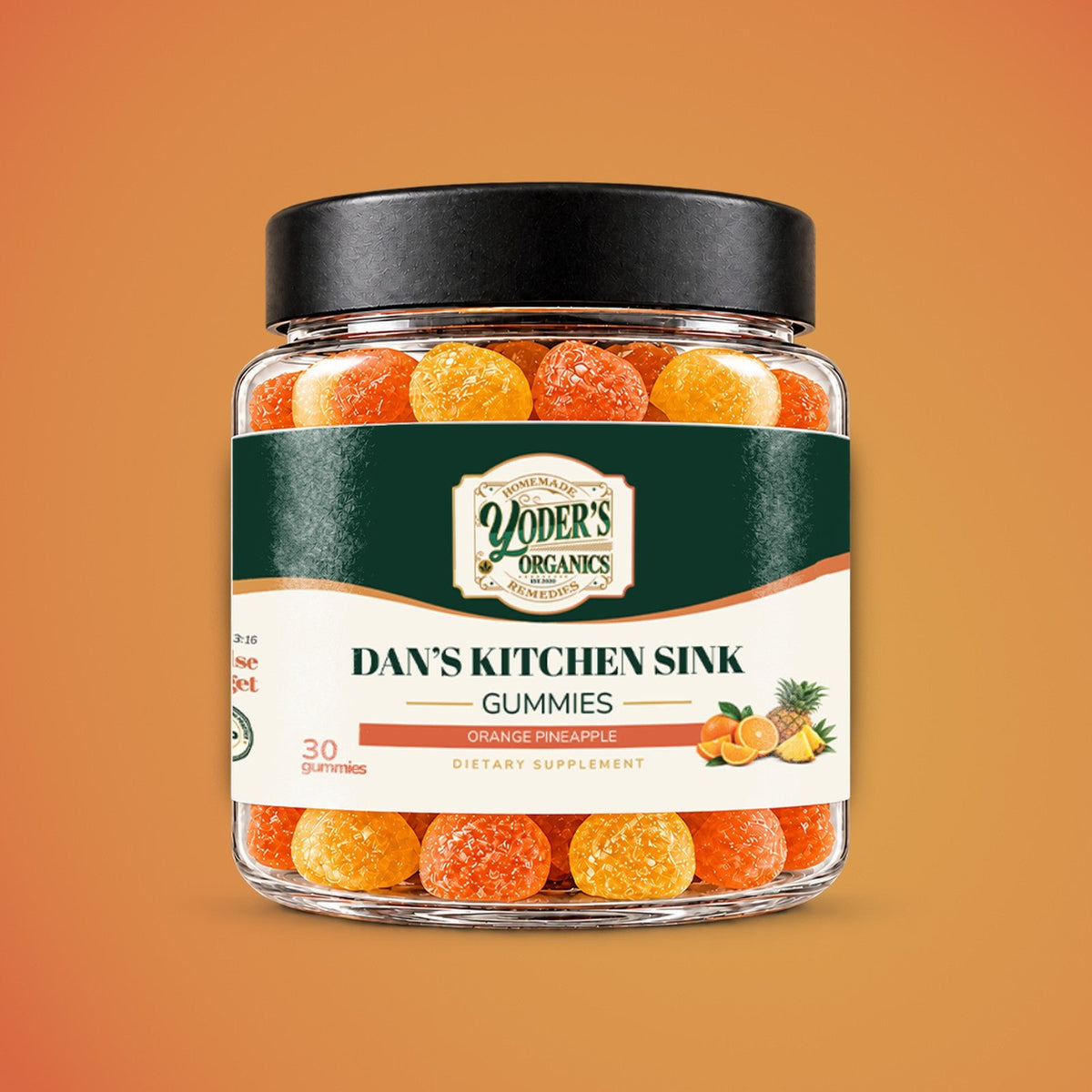 Dan's Kitchen Sink gummies jar, Orange Pineapple flavor, on an orange background
