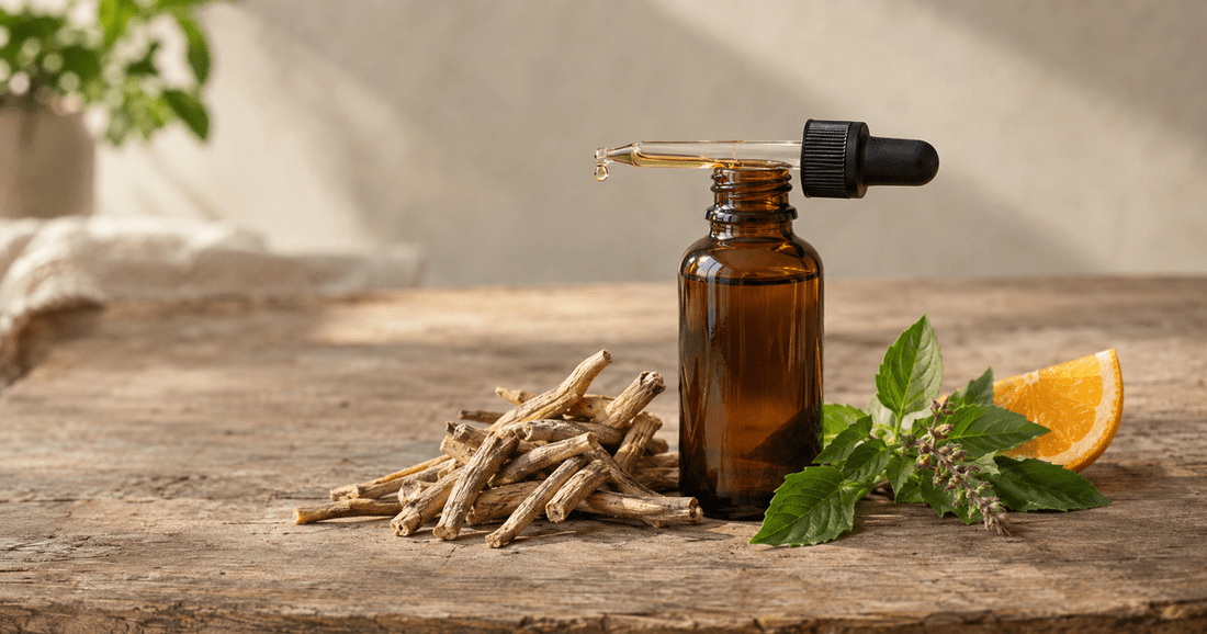 An amber dropper bottle with dried ashwagandha roots, tulsi leaves and a slice of orange