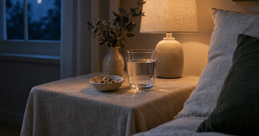 A bedside table at night with dried chamomile flowers, a glass of water and a warm lamp