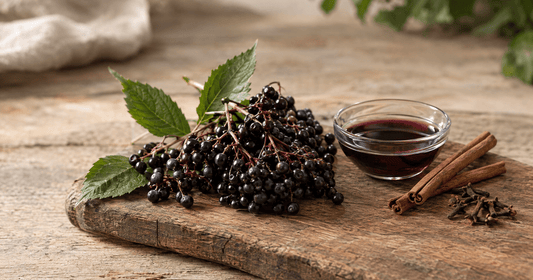 Fresh elderberry clusters with a small dish of elderberry extract, cinnamon sticks and cloves