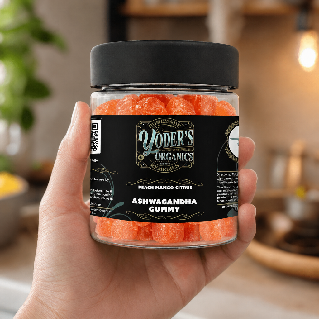 Hand holding a jar of ashwagandha gummies