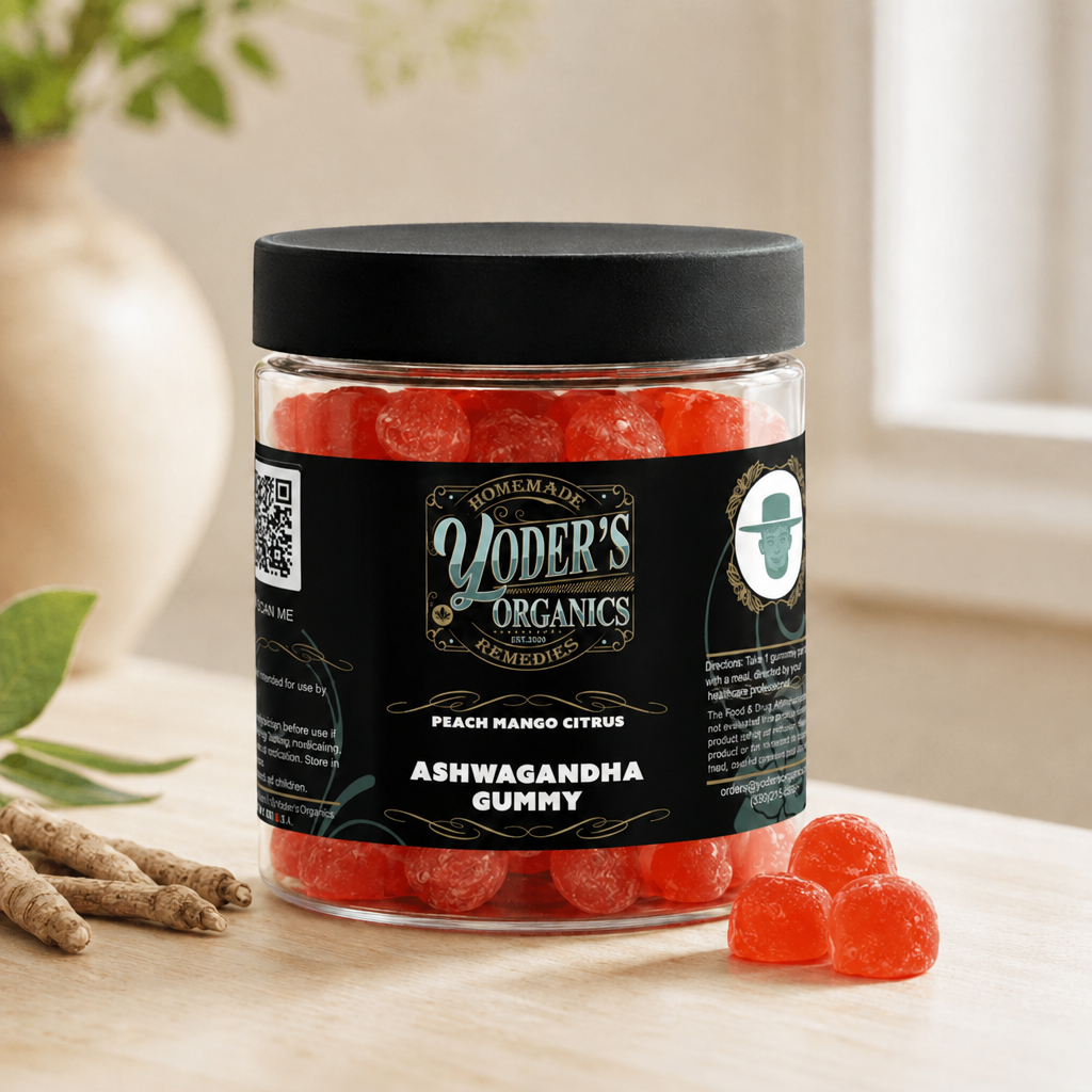Jar of Peach Mango Citrus ashwagandha gummies with loose gummies and ashwagandha root