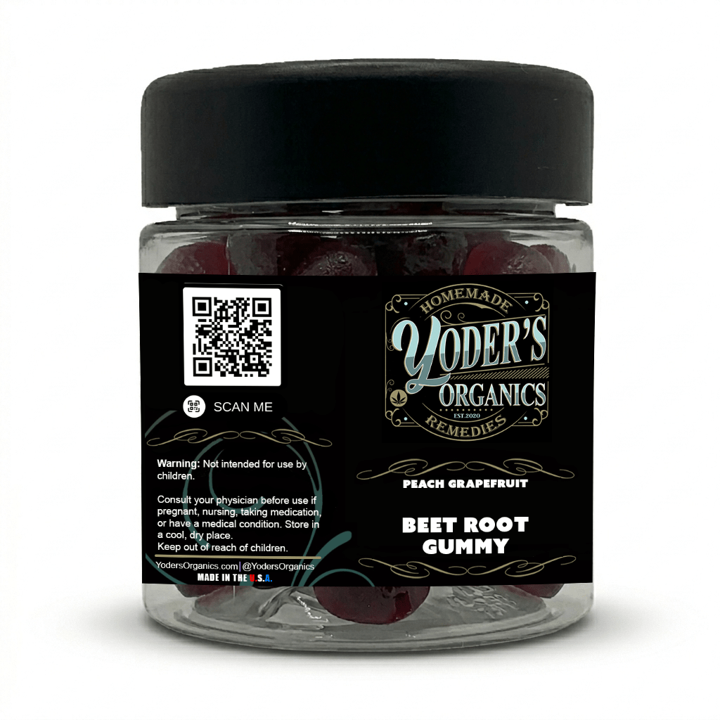 Beet root gummies jar, side label with QR code and warnings