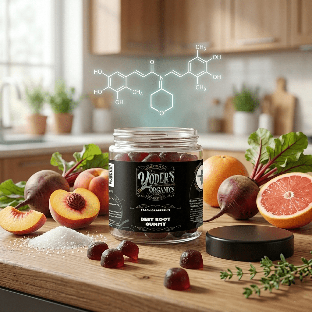 Beet root gummies with fresh beets, peaches and grapefruit on a kitchen counter