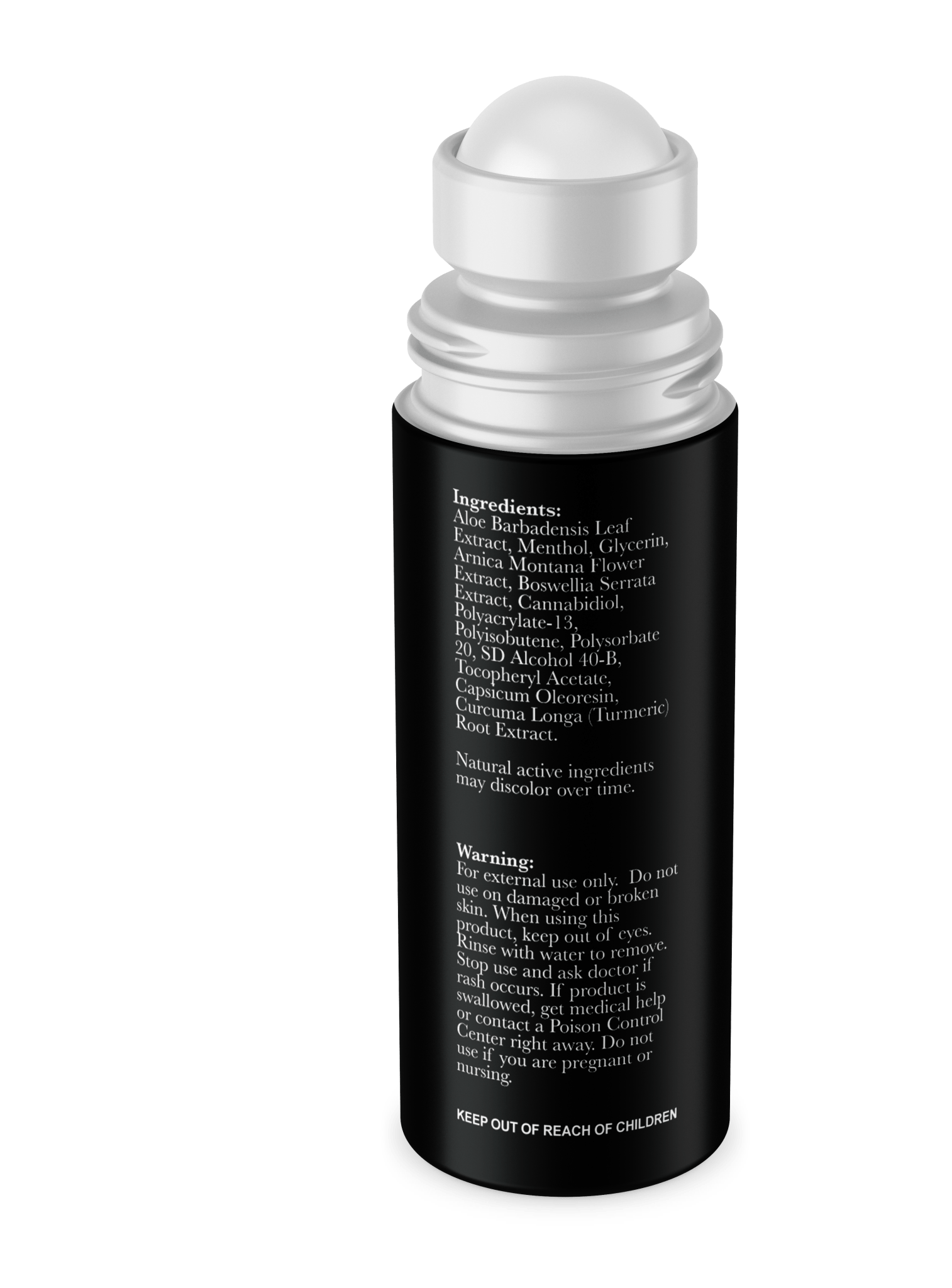 CBD roll-on back label with the full ingredient list and warnings