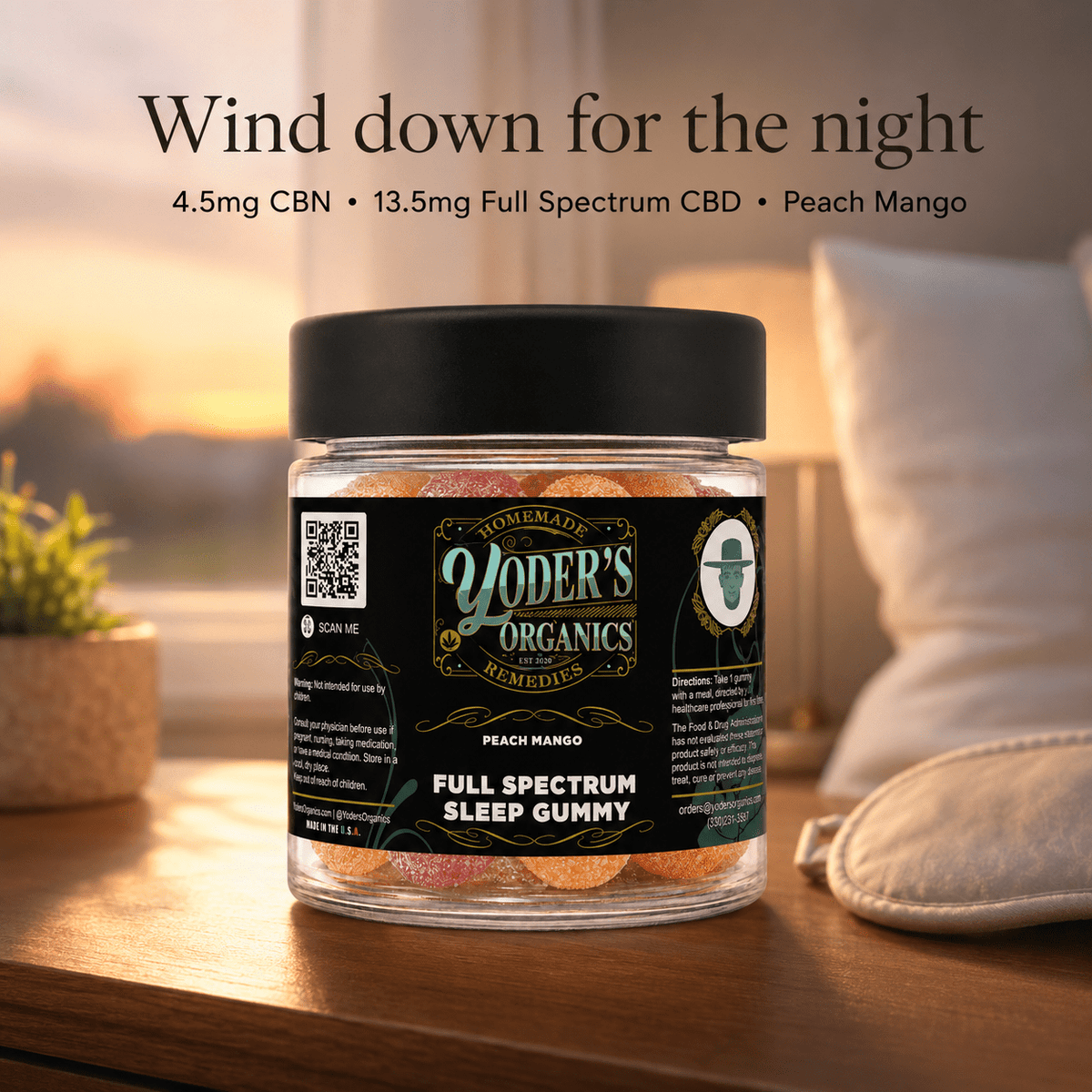 Wind down for the night: Full Spectrum Sleep Gummies with 4.5 mg CBN and 13.5 mg full spectrum CBD, Peach Mango