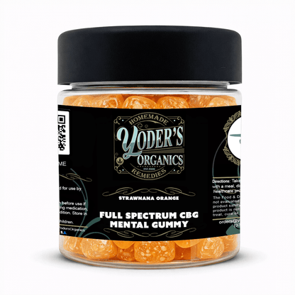 CBG gummies jar, Strawnana Orange flavor, Full Spectrum CBG Mental Gummy front label