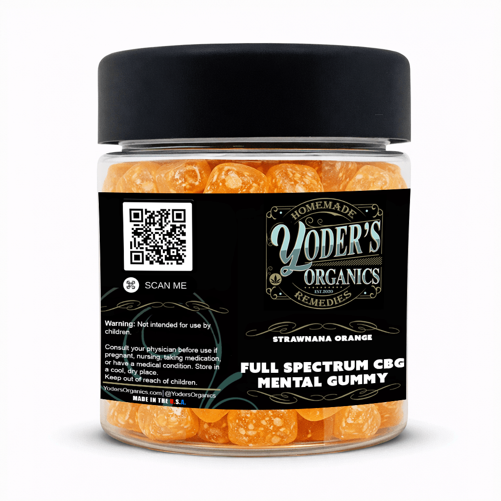 CBG gummies jar, side label with QR code and warnings