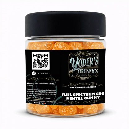 CBG gummies jar, side label with QR code and warnings