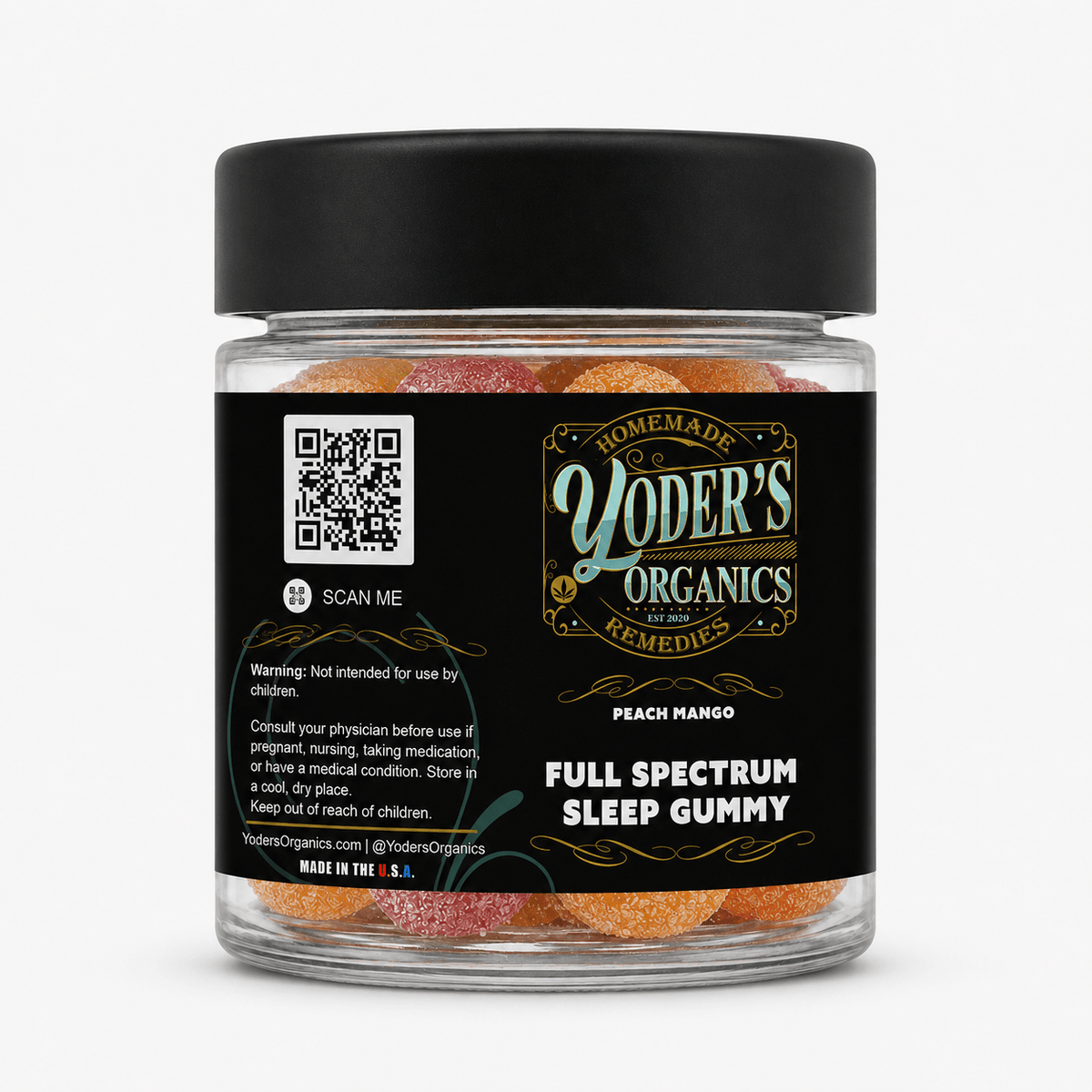 CBN sleep gummies jar, side label with QR code and warnings