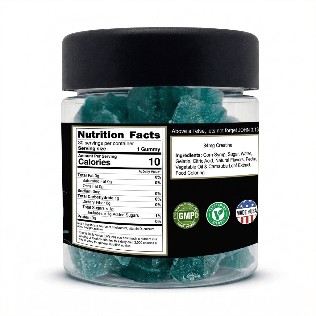 Creatine gummies supplement facts: 30 servings, 1 gummy per serving, 10 calories