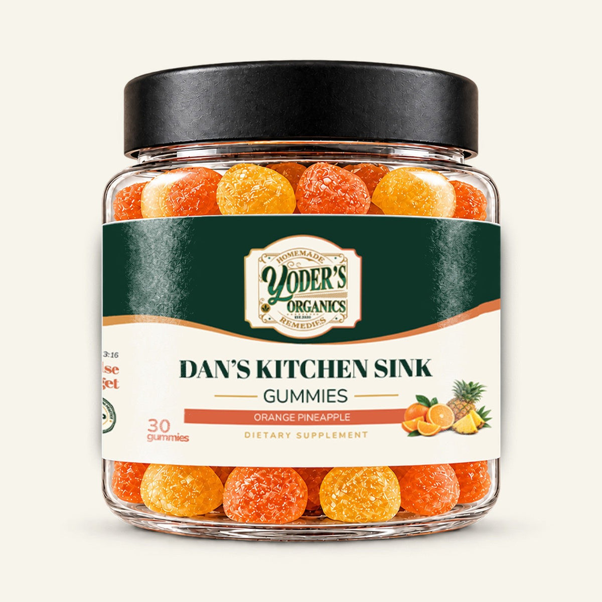 Dan's Kitchen Sink gummies jar, Orange Pineapple flavor, front label