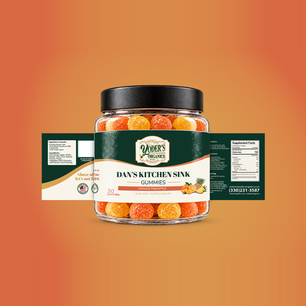 Dan's Kitchen Sink gummies jar with the full label unrolled behind it, showing ingredient amounts, directions and supplement facts
