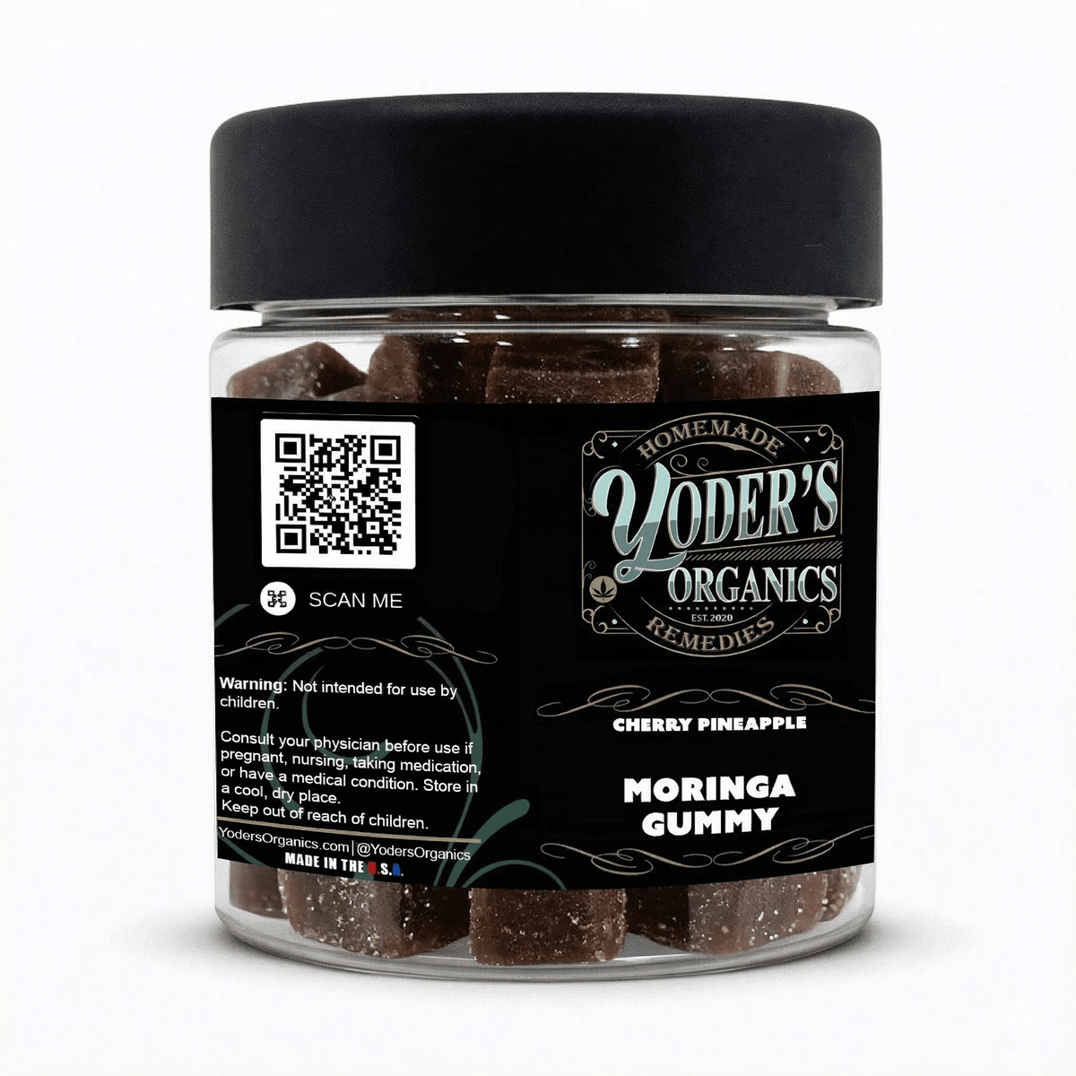 Moringa gummies jar, side label with QR code and warnings