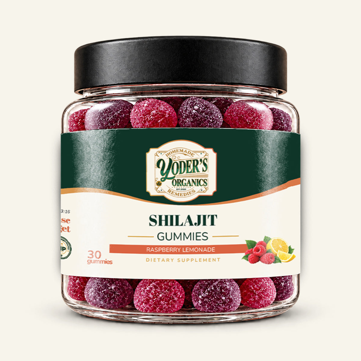 Shilajit gummies jar, Raspberry Lemonade flavor, front label