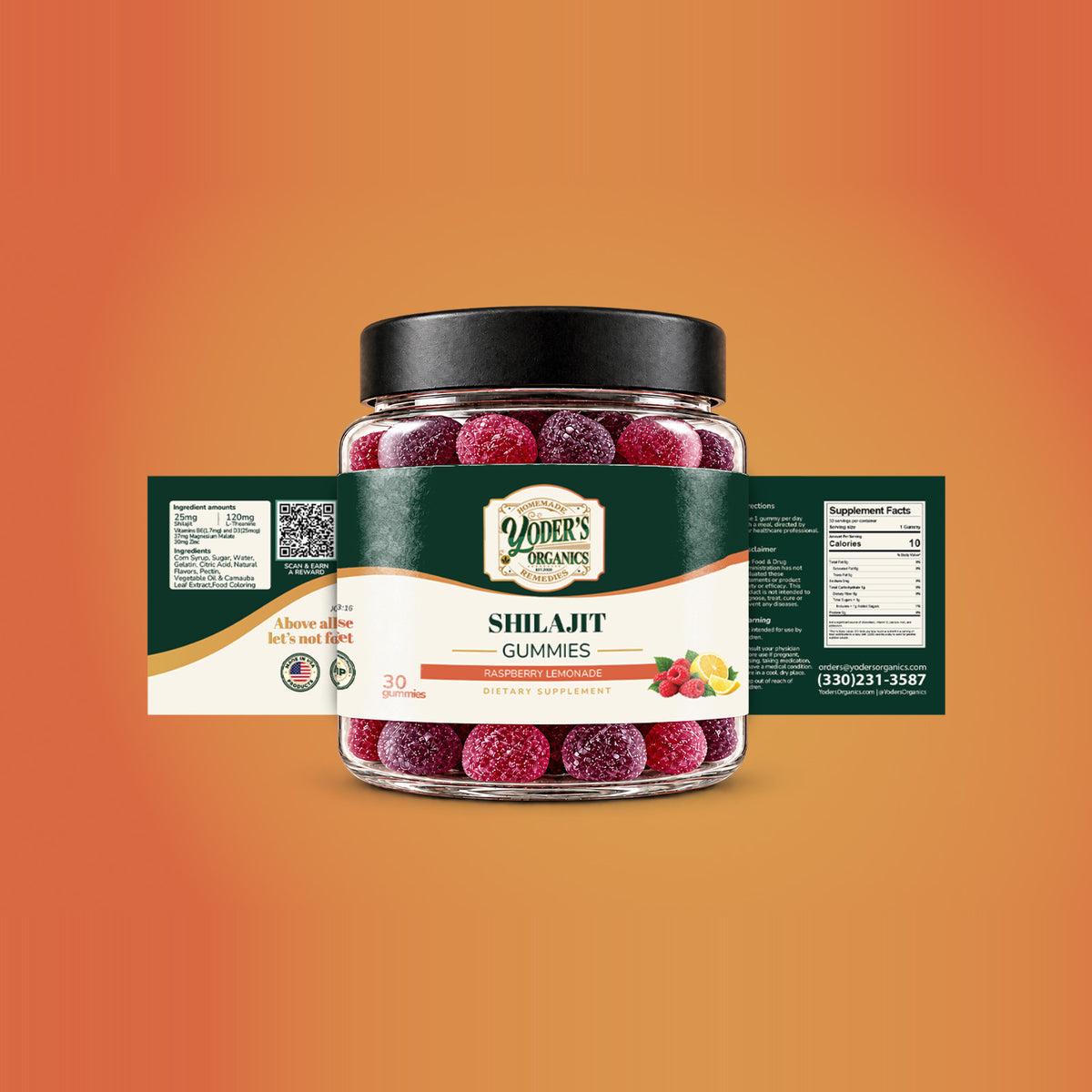 Shilajit gummies jar with the full label unrolled behind it, showing ingredient amounts, directions and supplement facts