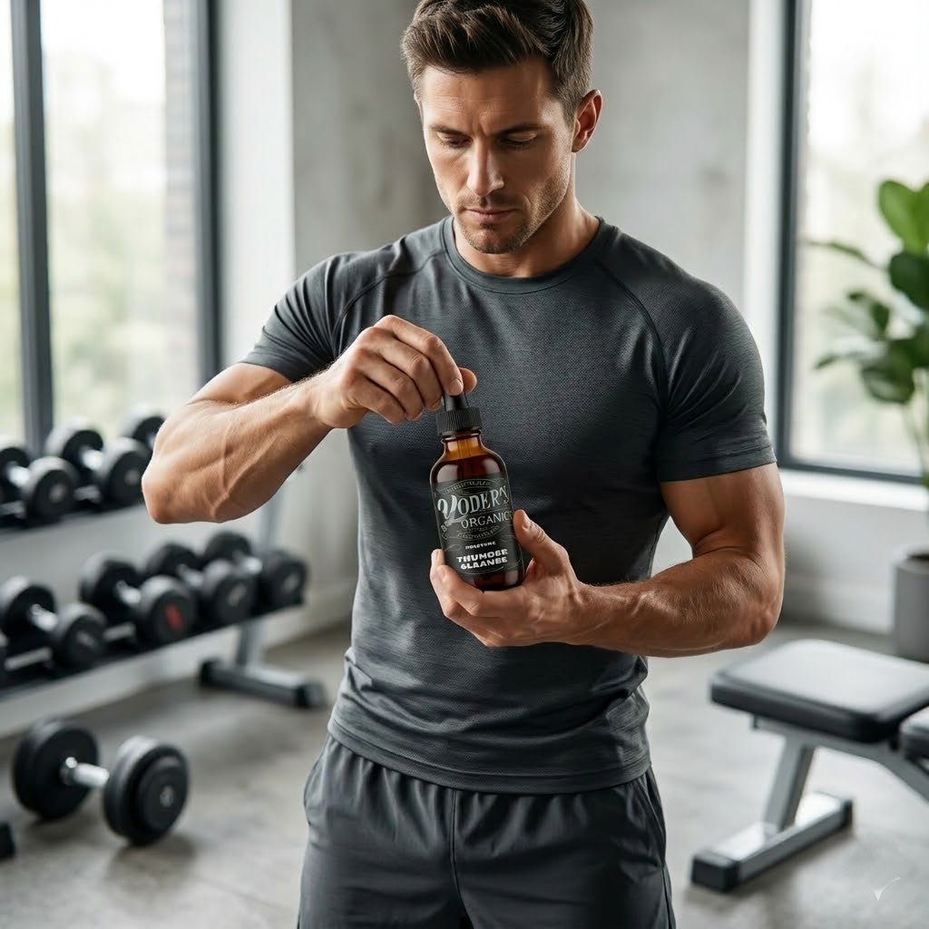Man in a home gym adding a dropper of Thunder Cleanse herbal tincture